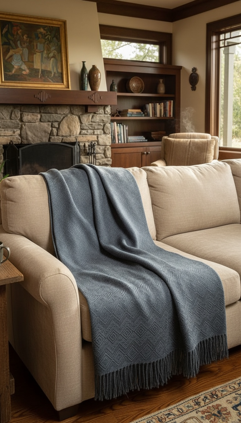 Hand-loomed Steel Blue Alpaca throw Blanket