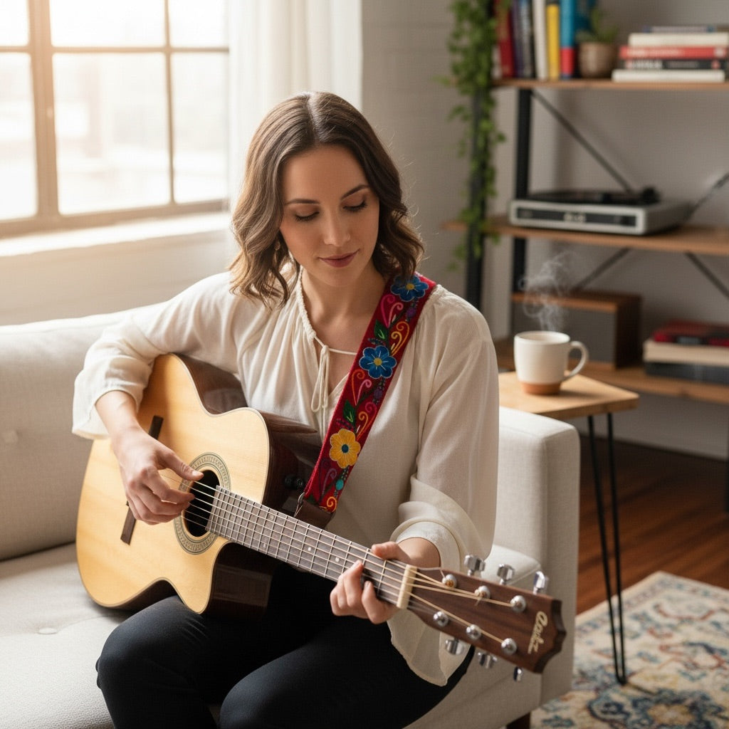 Handmade Peruvian Guitar Strap – Hand Embroidered, Adjustable, Brown Leather Ends, Unique Gift for Guitar Players