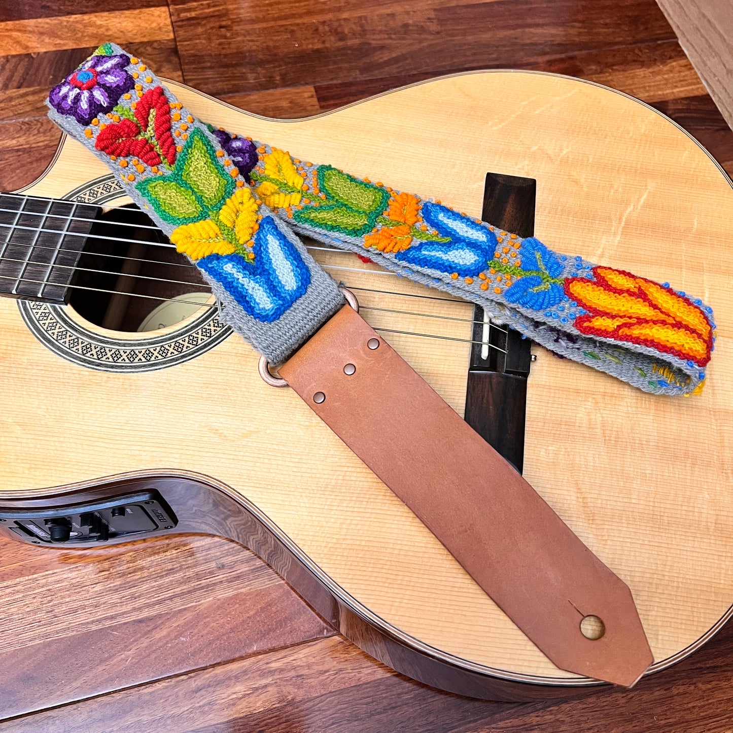 Handmade Peruvian Guitar Strap – Hand Embroidered, Adjustable, Brown Leather Ends, Unique Gift for Guitar Players