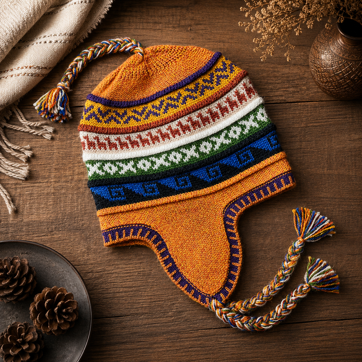 Reversible Alpaca Chullo Beanie (ROUND EAR). Size L.
