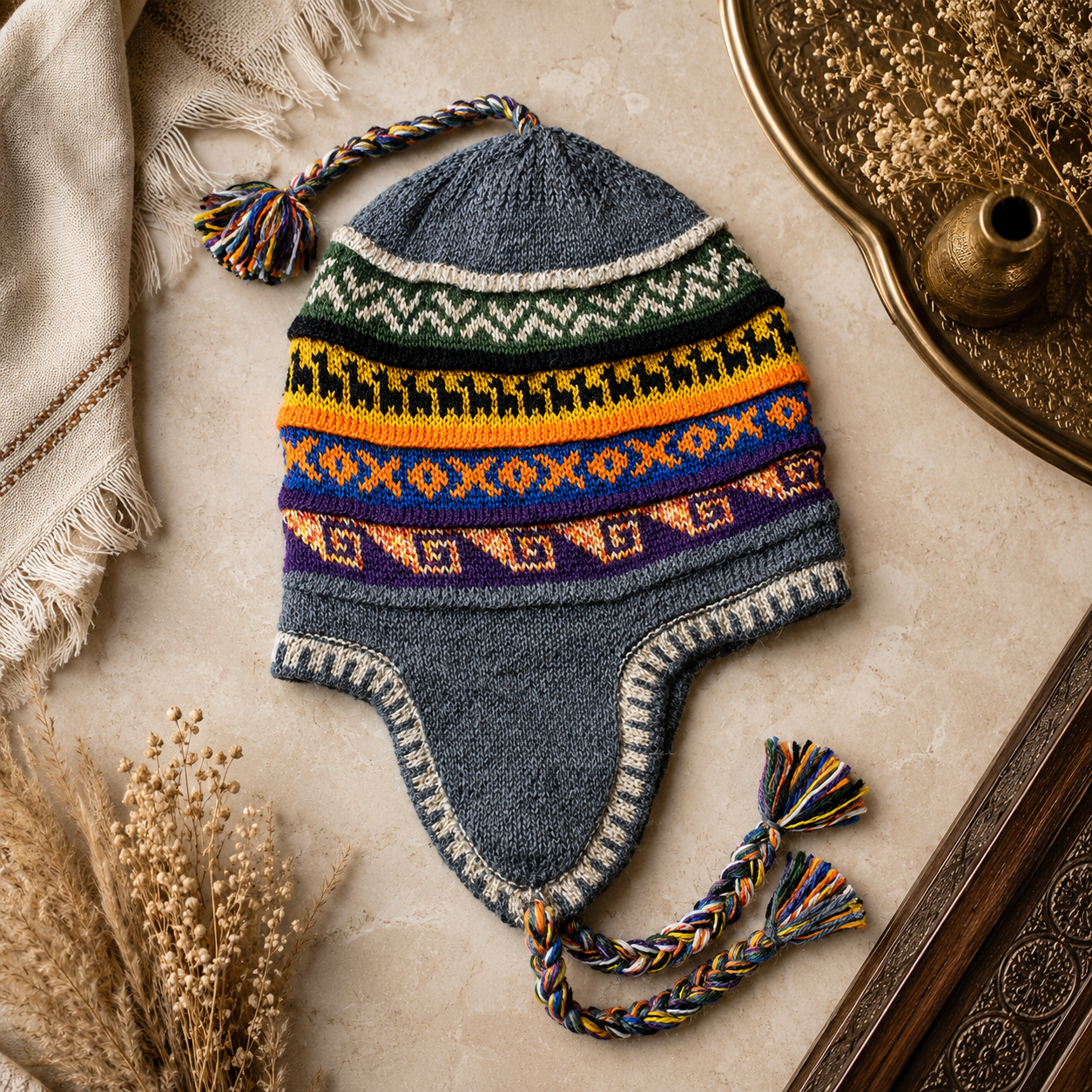 Reversible Alpaca Chullo Beanie (ROUND EAR). Size L.