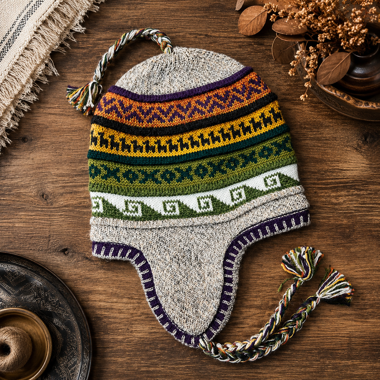 Reversible Alpaca Chullo Beanie (ROUND EAR). Size L.
