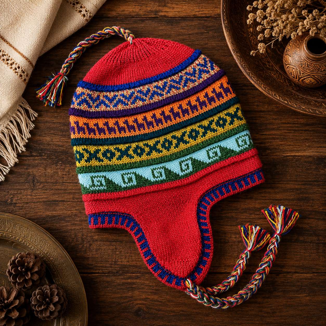 Reversible Alpaca Chullo Beanie (ROUND EAR). Size L.