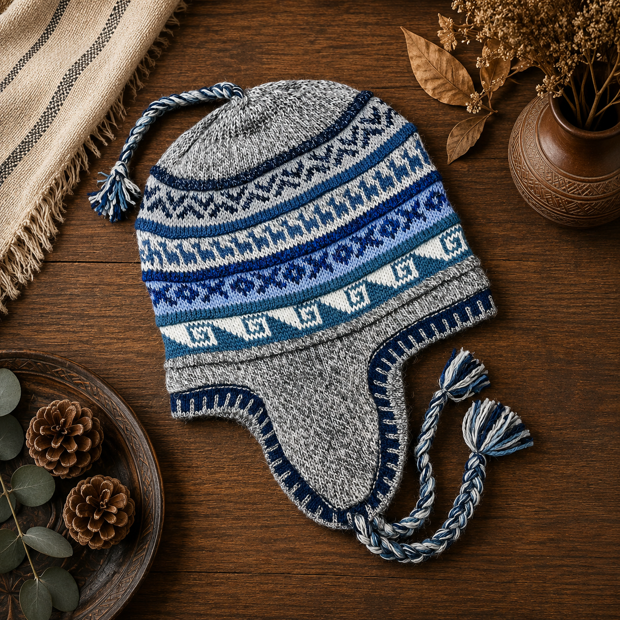 Reversible Alpaca Chullo Beanie (ROUND EAR). Size L.