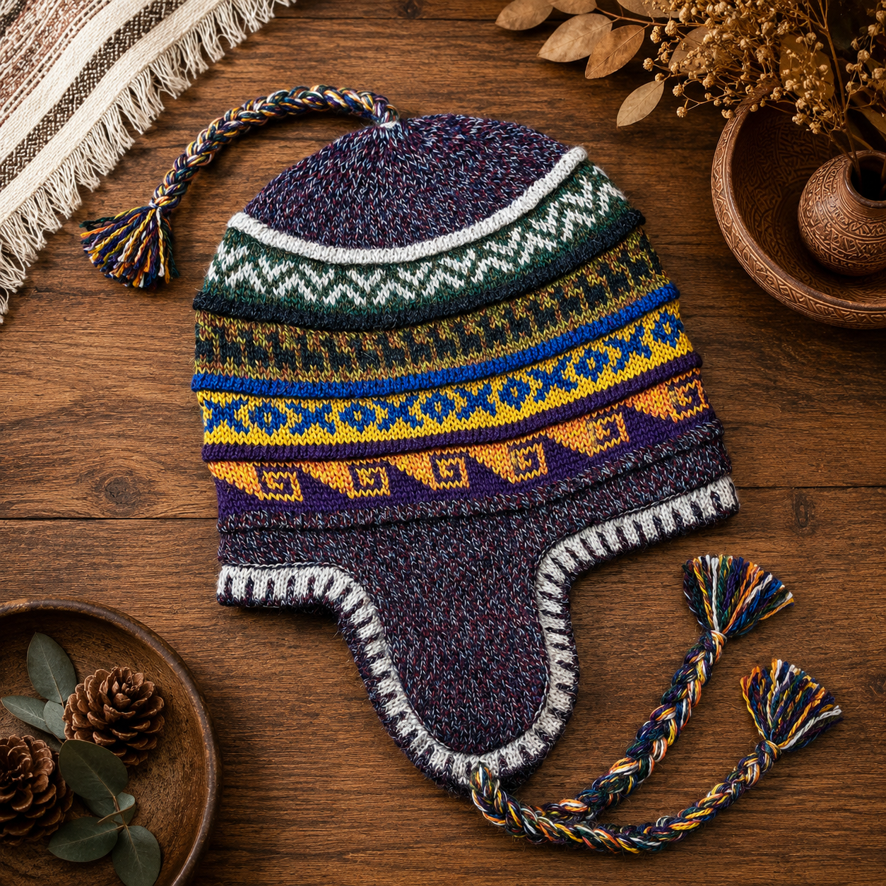 Reversible Alpaca Chullo Beanie (ROUND EAR). Size L.