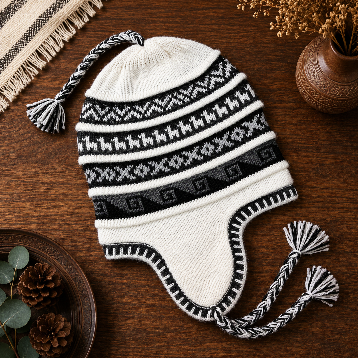 Reversible Alpaca Chullo Beanie (ROUND EAR). Size L.