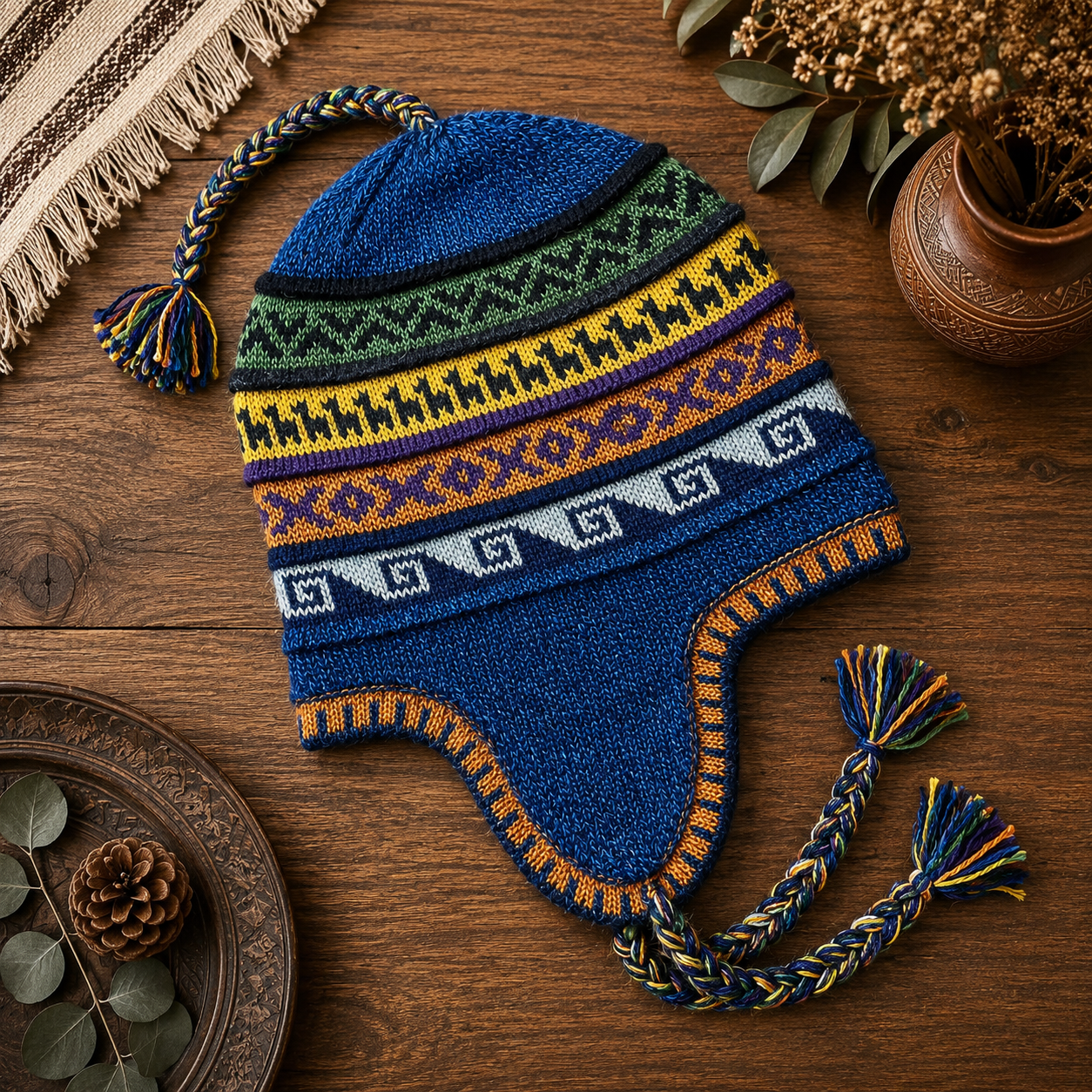 Reversible Alpaca Chullo Beanie (ROUND EAR). Size L.