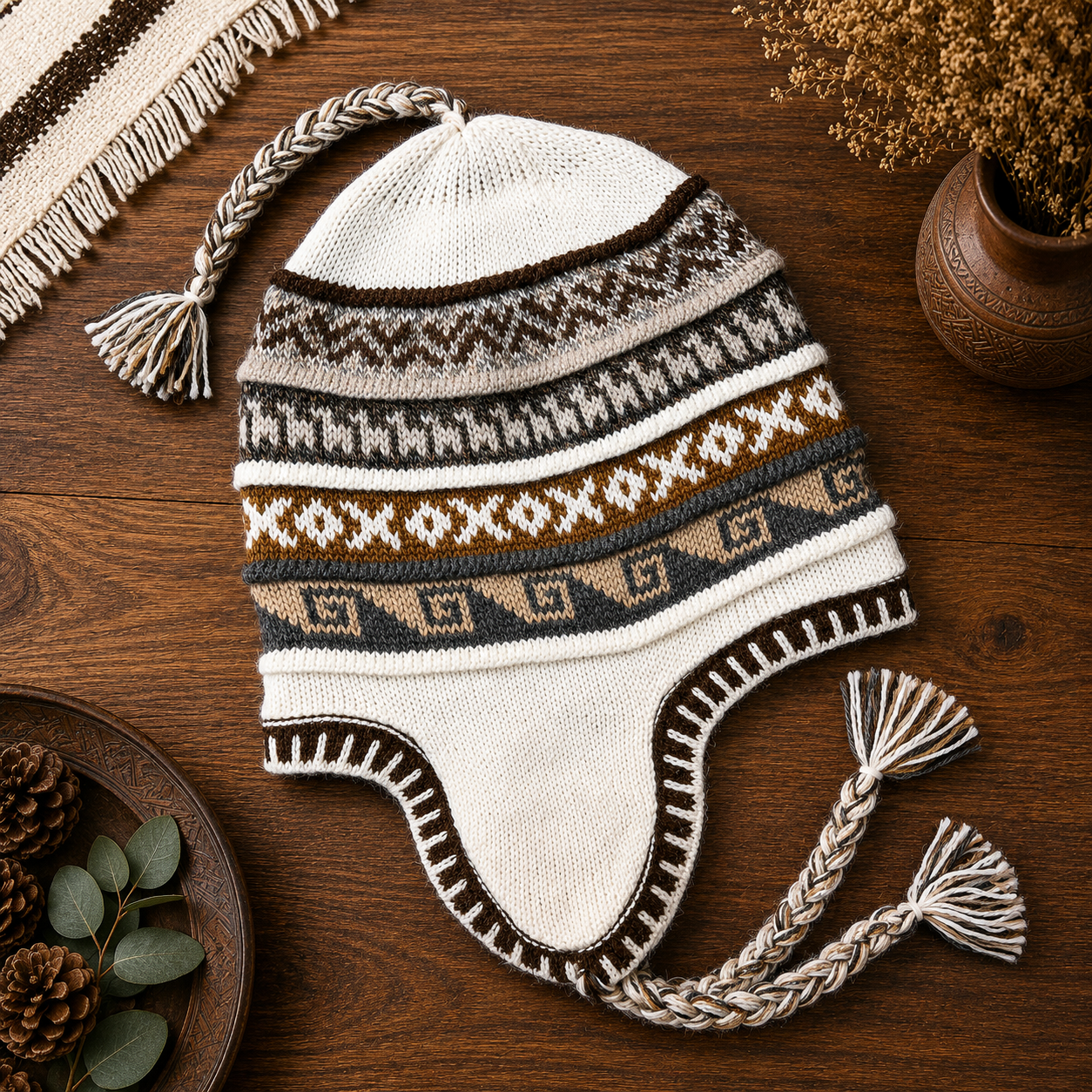 Reversible Alpaca Chullo Beanie (ROUND EAR). Size L.