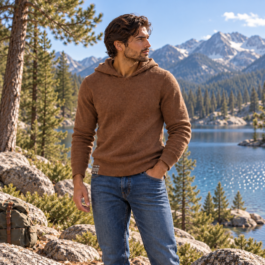 Luxury Baby Alpaca Hoodie – Heat Regulating Designer Outdoor Sweater for Men
