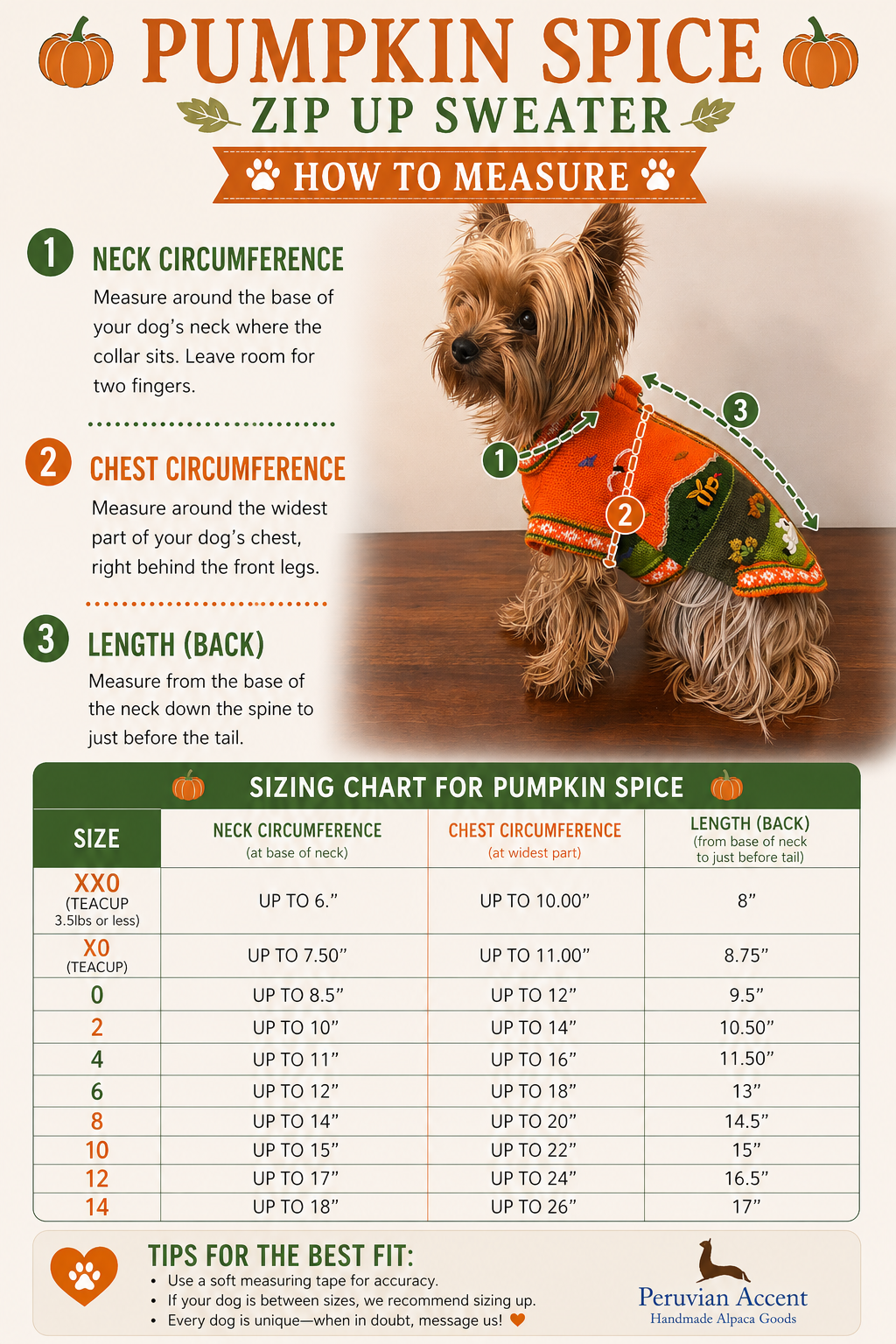 PUMPKIN SPICE Doggie Sweater Handmade Zip Up The Back Design.
