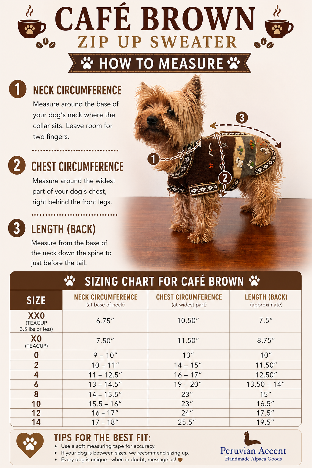 CAFE BROWN Handmade Peruvian Zip Up Dog Sweater  (Sizes: X0-10)