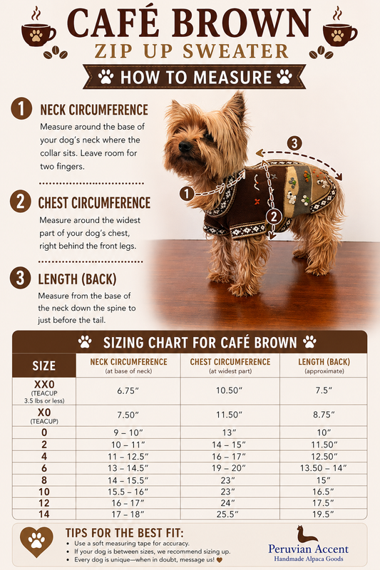 CAFE BROWN Handmade Peruvian Zip Up Dog Sweater (Sizes: X0-10)