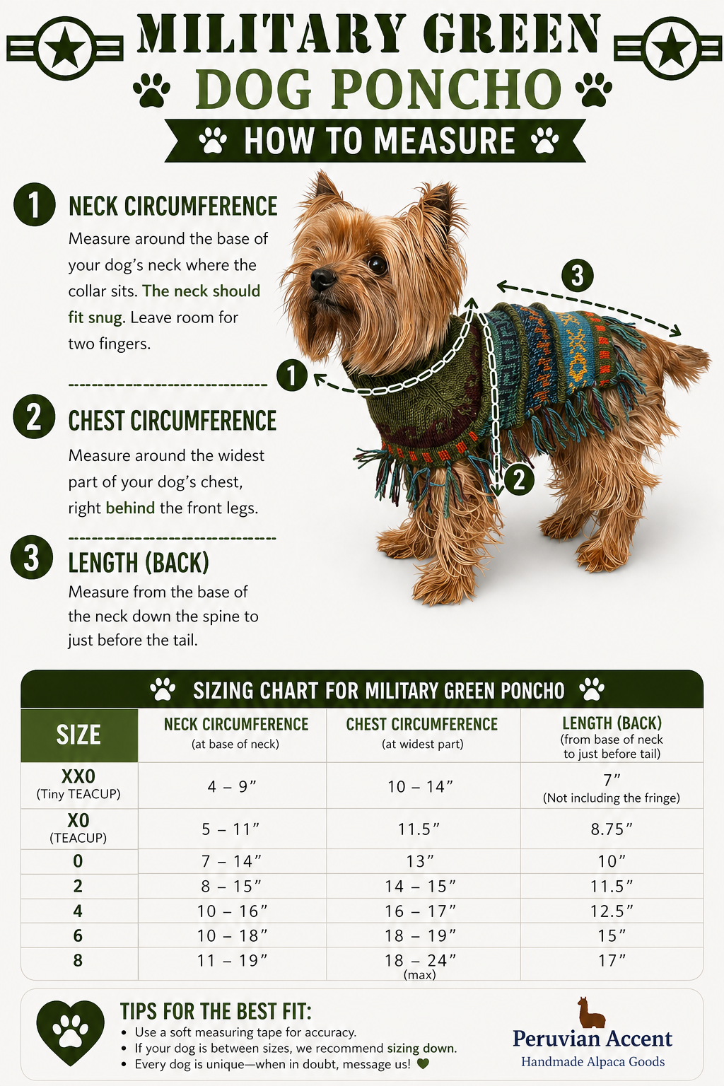 Military Green Alpaca Dog Poncho – Handmade in Peru (Sizes XX0–8)