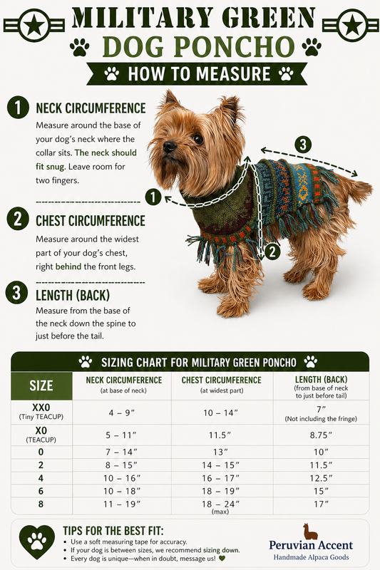 Military Green Alpaca Dog Poncho – Handmade in Peru (Sizes XX0–8)