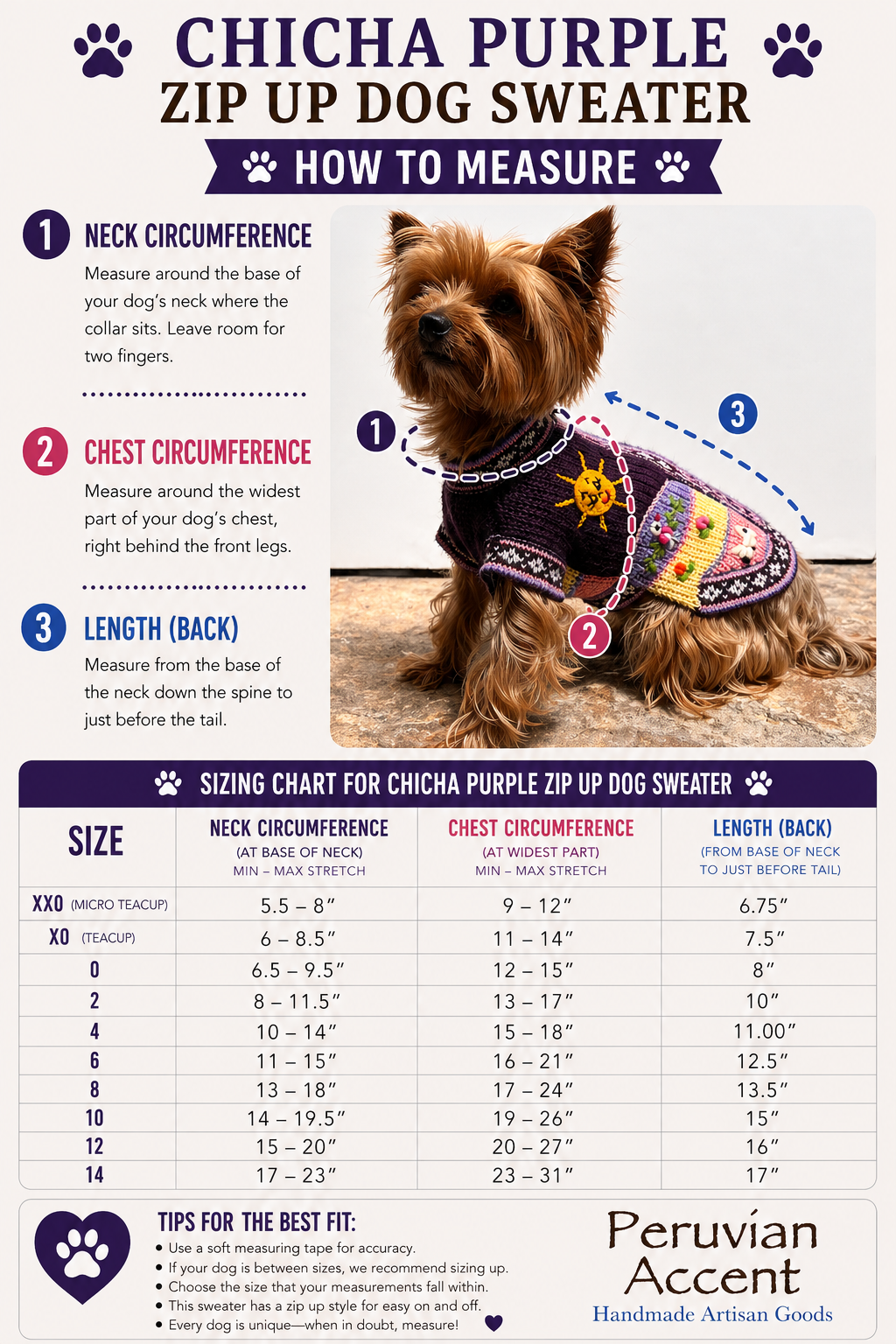 CHICHA zip up the back Luxury Peruvian Dog Sweater • Easy Zip-On Fit •