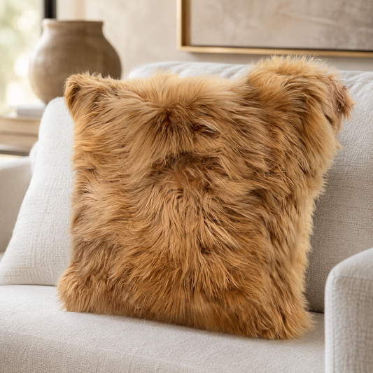 Luxury Baby Alpaca Fur Pillow – Andean Cognac | 20x20 Handmade Accent Pillow | Ultra Soft Hypoallergenic Home Décor