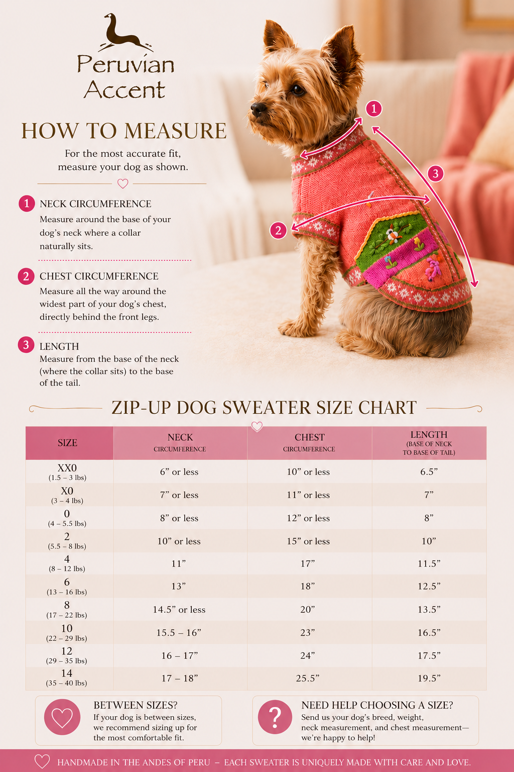 Luxury Coral Pink Handmade Dog Sweater | Artisan Peruvian Dog Clothes for Yorkies, Small & Medium Dogs (sizes XX0-14)