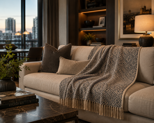 Beige and Steel Blue Alpaca Throw Blanket