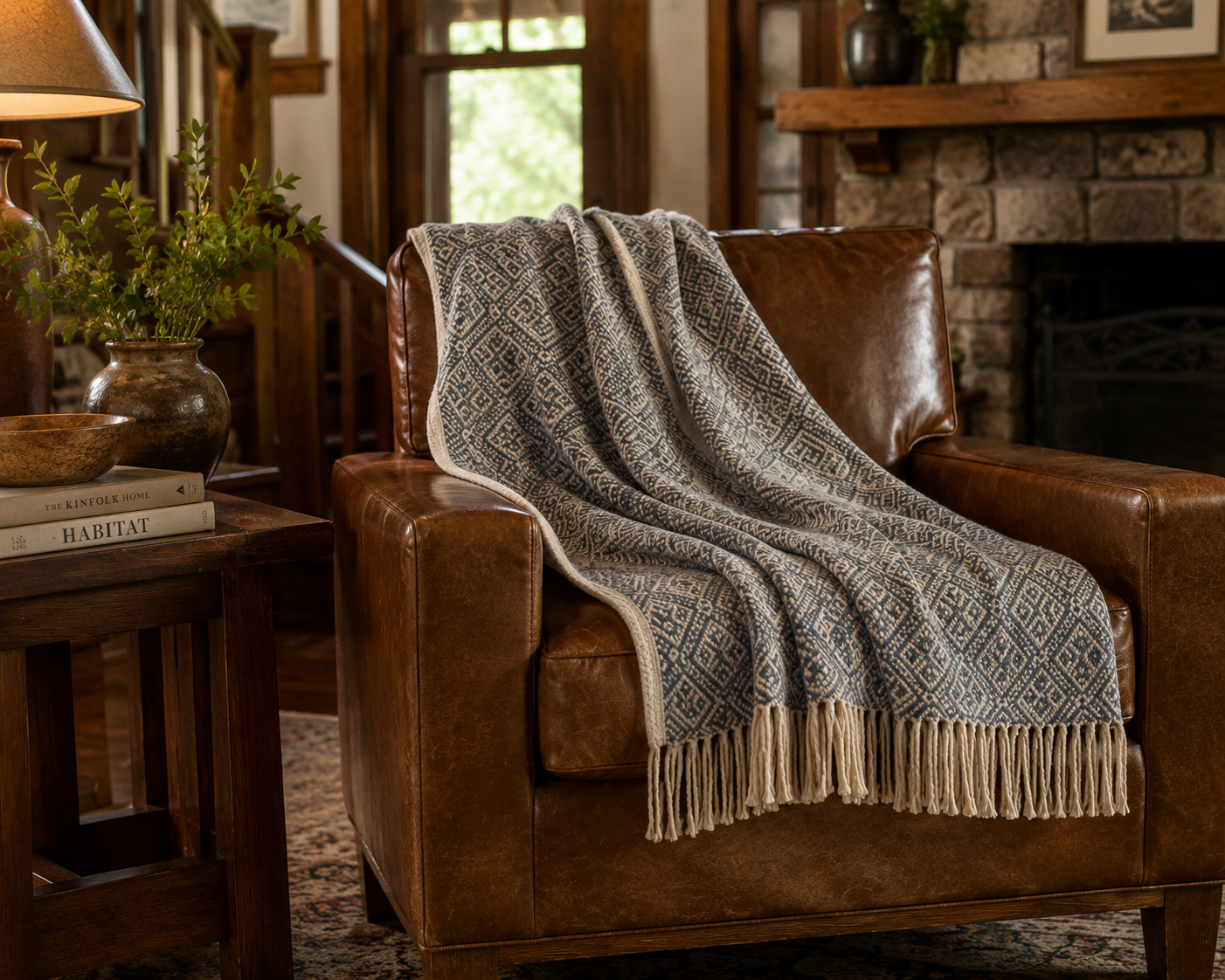 Beige and Steel Blue Alpaca Throw Blanket