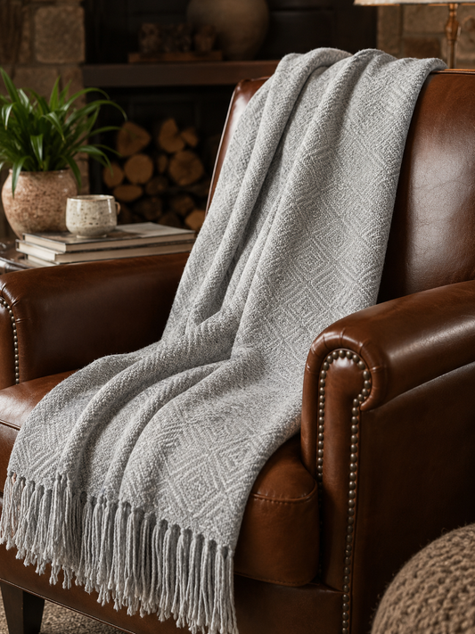 Silver Alpaca Throw Blanket. Hand-loomed