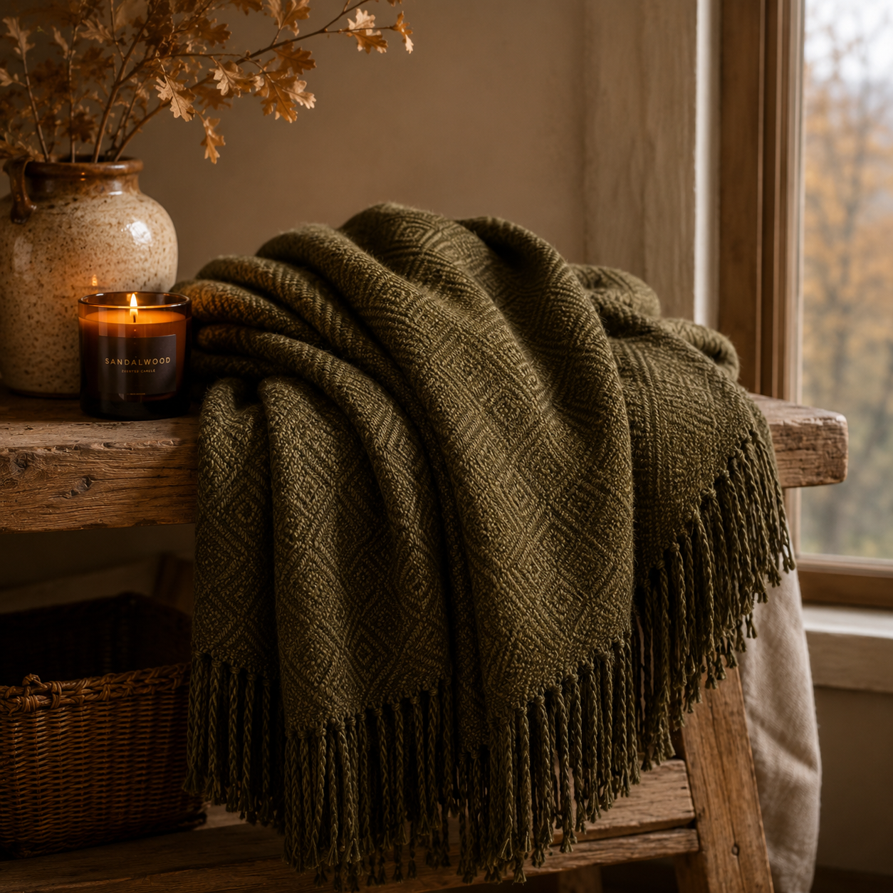 Hand-loomed Military Green Alpaca throw blanket