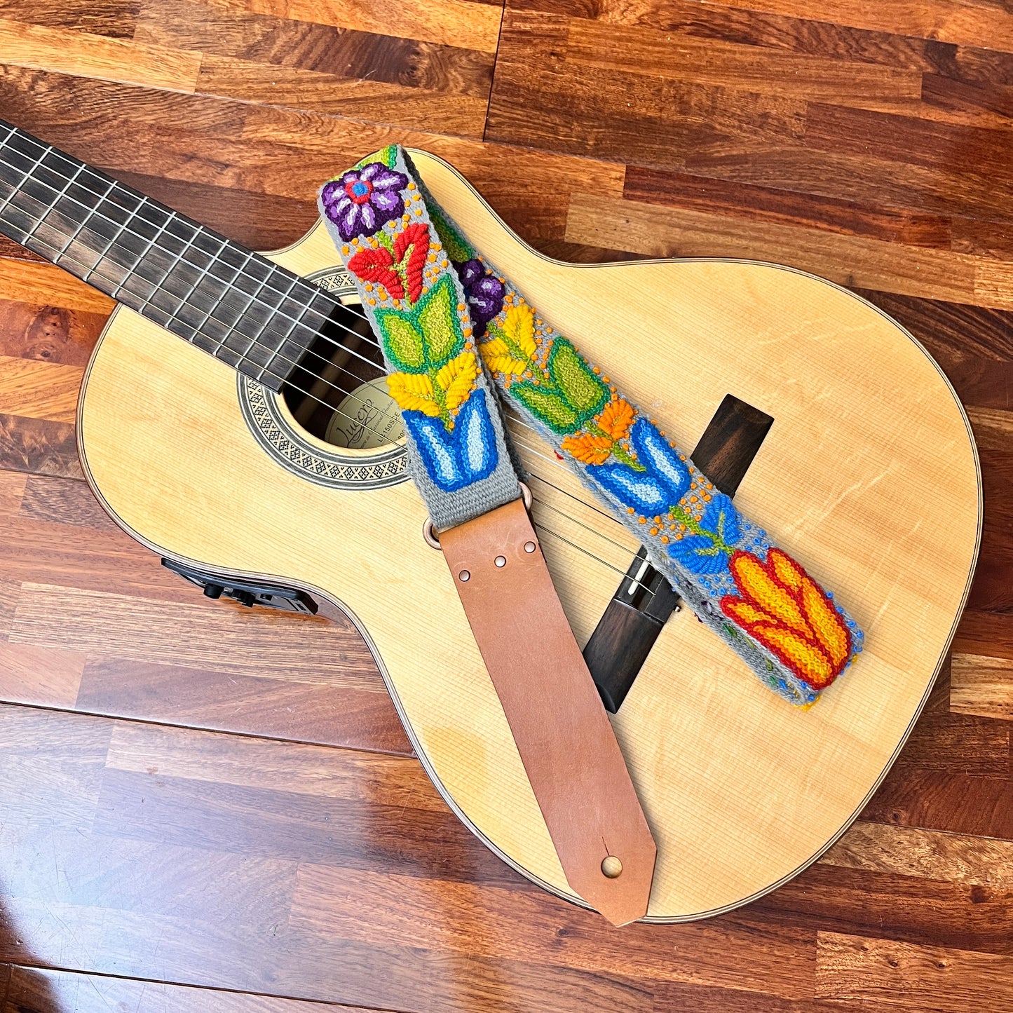 Handmade Peruvian Guitar Strap – Hand Embroidered, Adjustable, Brown Leather Ends, Unique Gift for Guitar Players