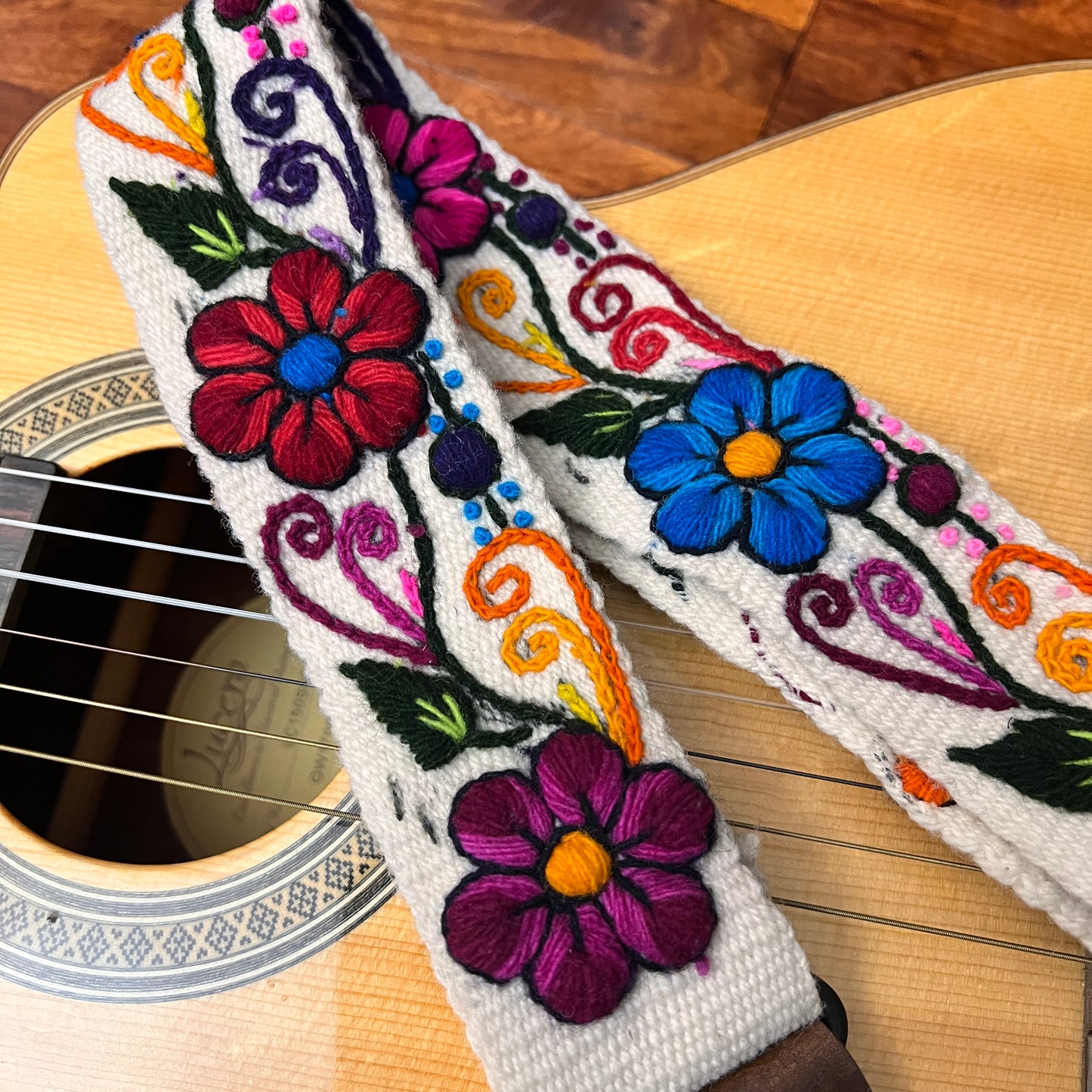 Handmade Peruvian Guitar Strap – Hand Embroidered, Adjustable, Brown Leather Ends, Unique Gift for Guitar Players