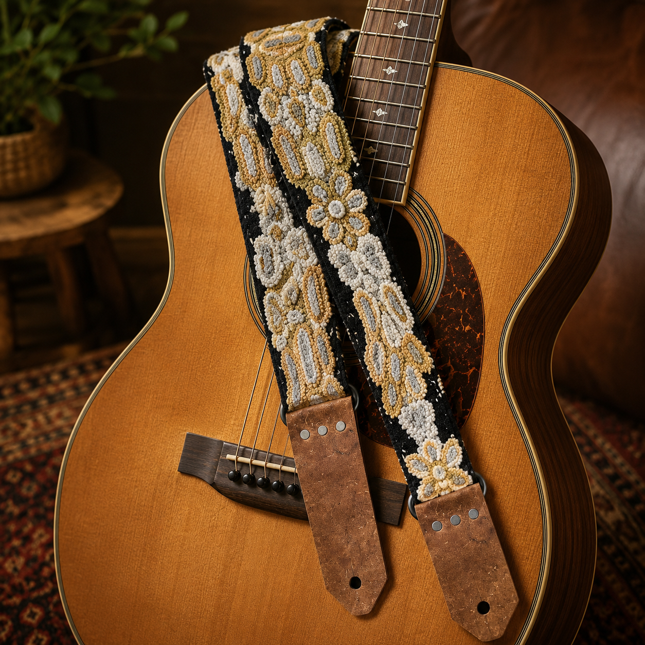 Handmade Peruvian Guitar Strap – Hand Embroidered, Adjustable, Brown Leather Ends, Unique Gift for Guitar Players
