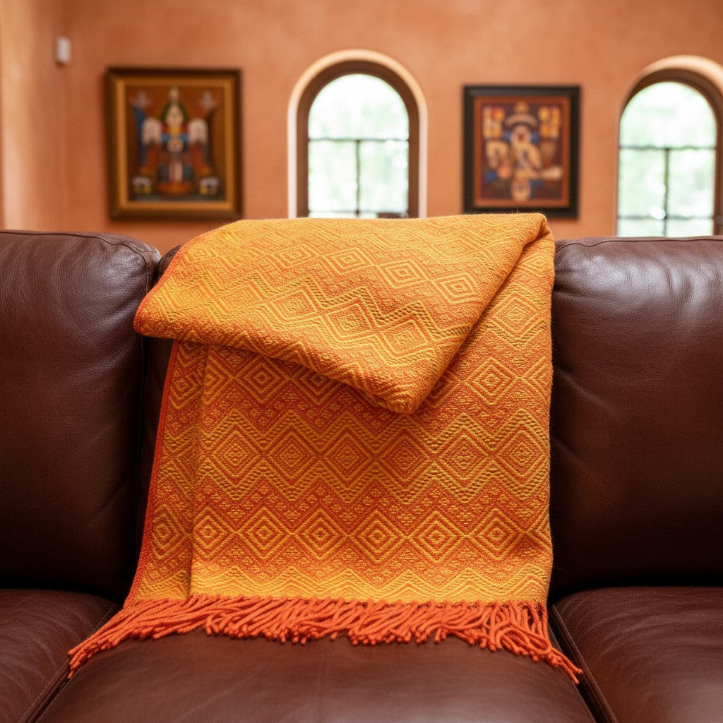 Andean Ember Alpaca Throw Blanket (Gold & Orange)