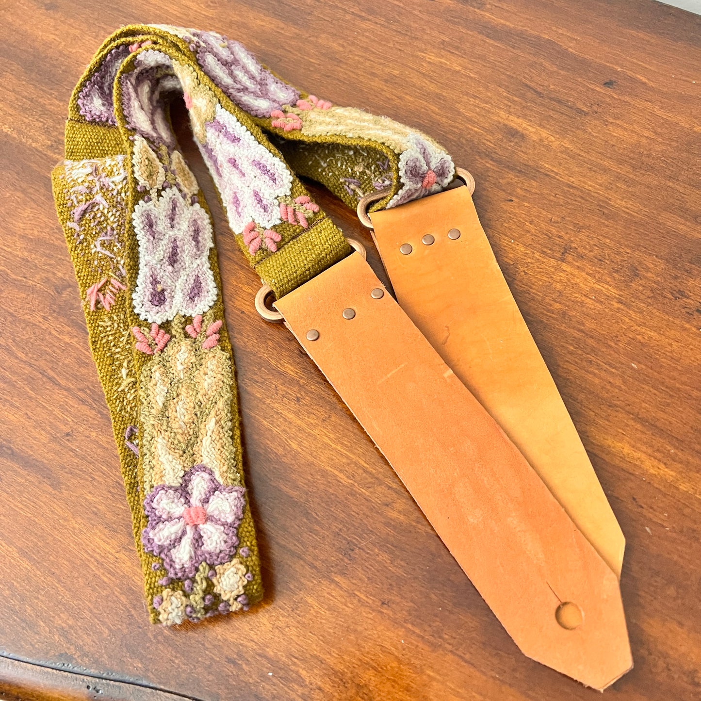 Handmade Peruvian Guitar Strap – Hand Embroidered, Adjustable, Brown Leather Ends, Unique Gift for Guitar Players