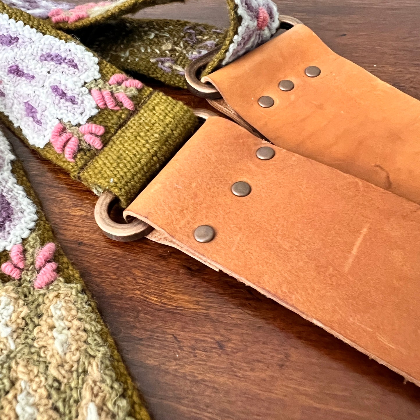 Handmade Peruvian Guitar Strap – Hand Embroidered, Adjustable, Brown Leather Ends, Unique Gift for Guitar Players