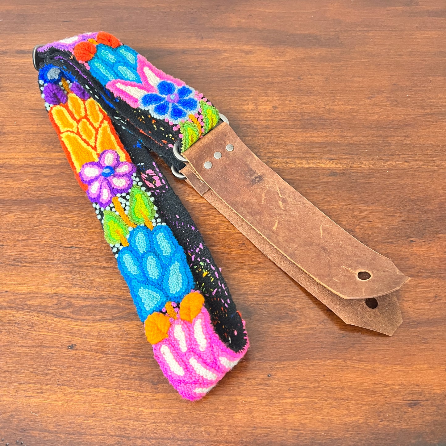 Handmade Peruvian Guitar Strap – Hand Embroidered, Adjustable, Brown Leather Ends, Unique Gift for Guitar Players