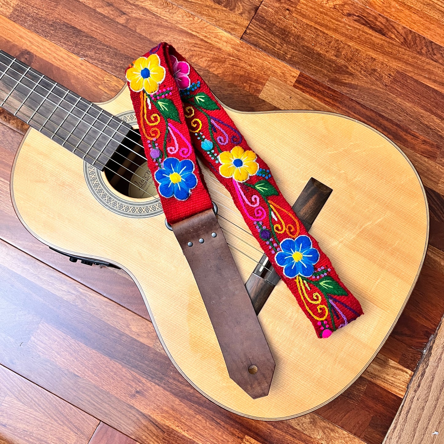 Handmade Peruvian Guitar Strap – Hand Embroidered, Adjustable, Brown Leather Ends, Unique Gift for Guitar Players