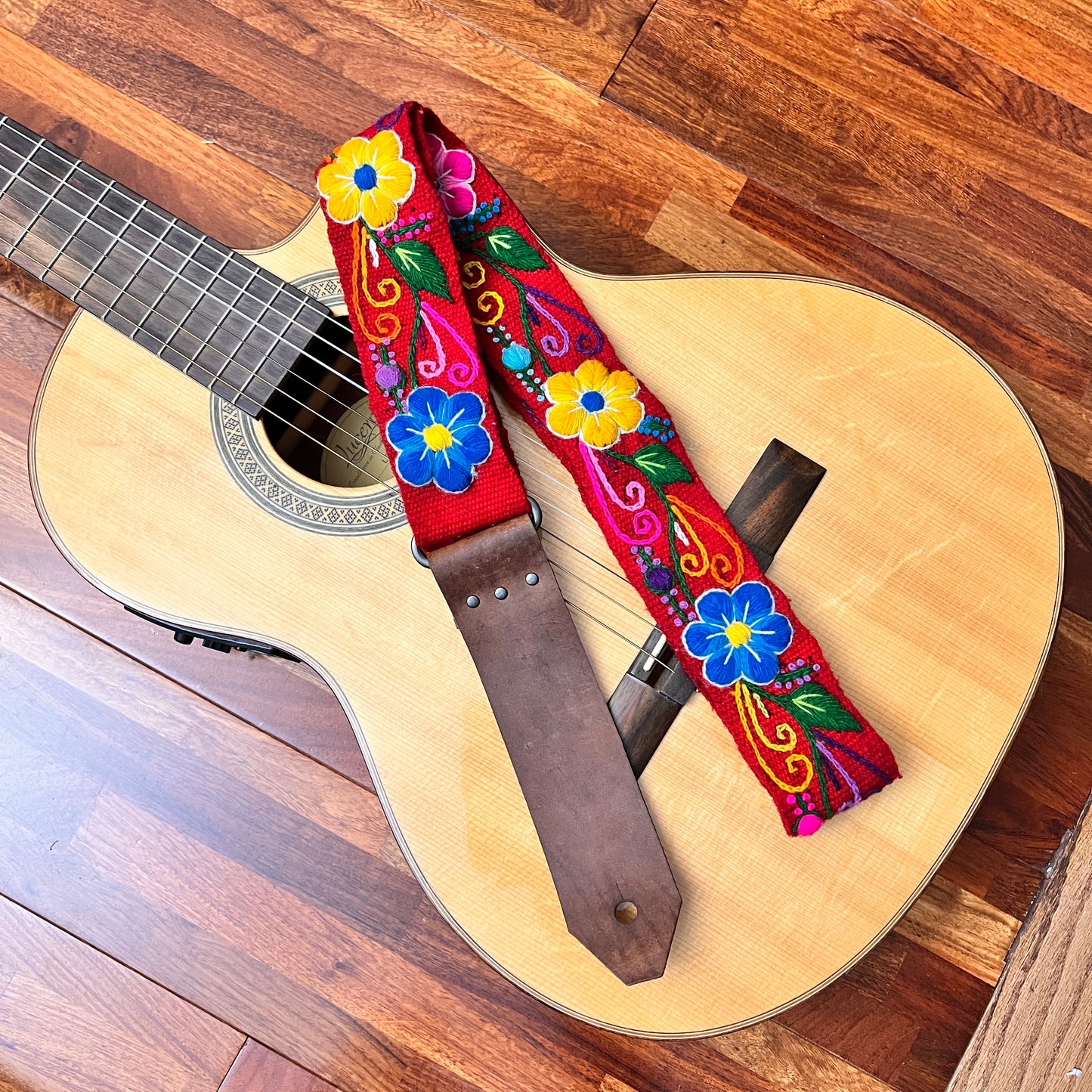 Handmade Peruvian Guitar Strap – Hand Embroidered, Adjustable, Brown Leather Ends, Unique Gift for Guitar Players