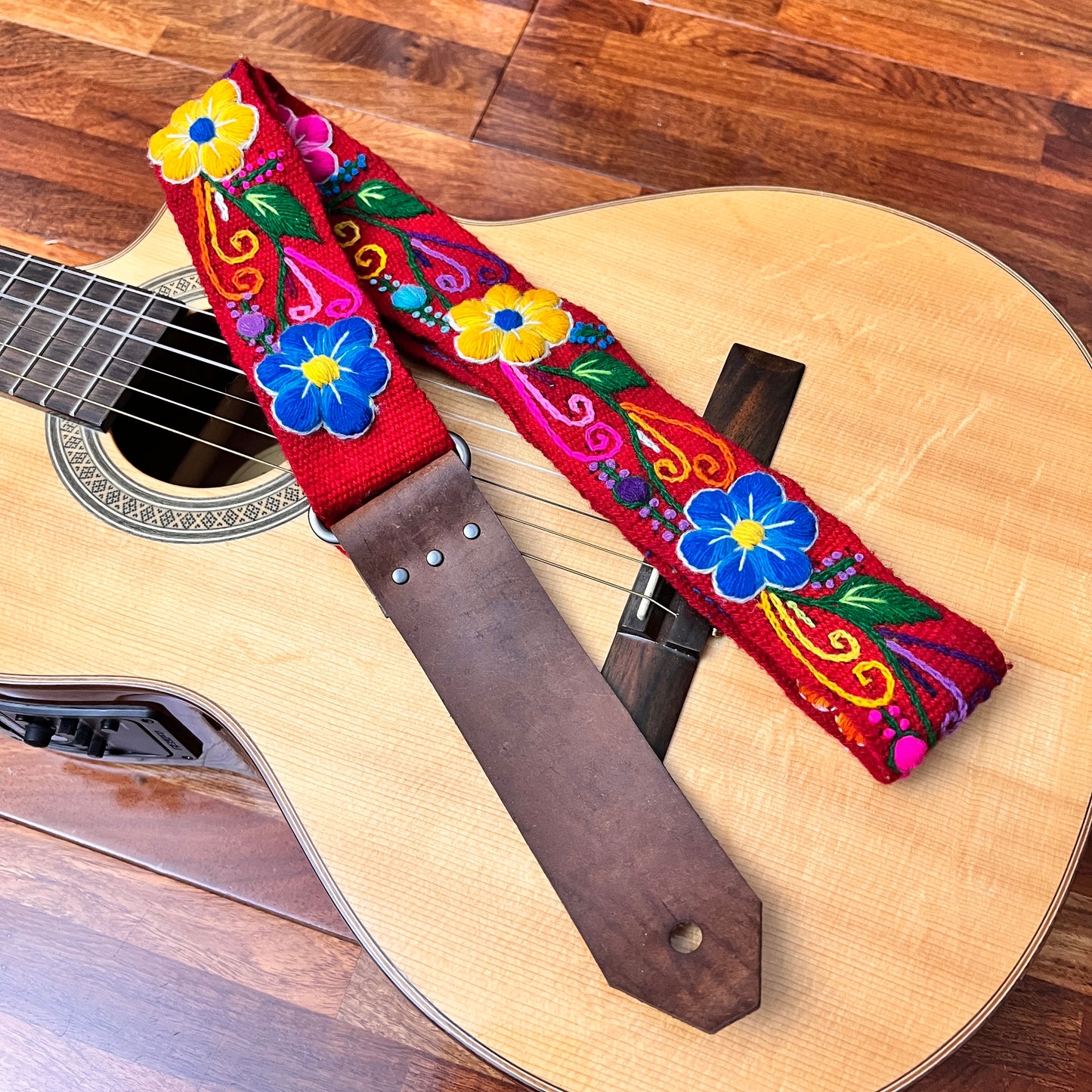 Handmade Peruvian Guitar Strap – Hand Embroidered, Adjustable, Brown Leather Ends, Unique Gift for Guitar Players