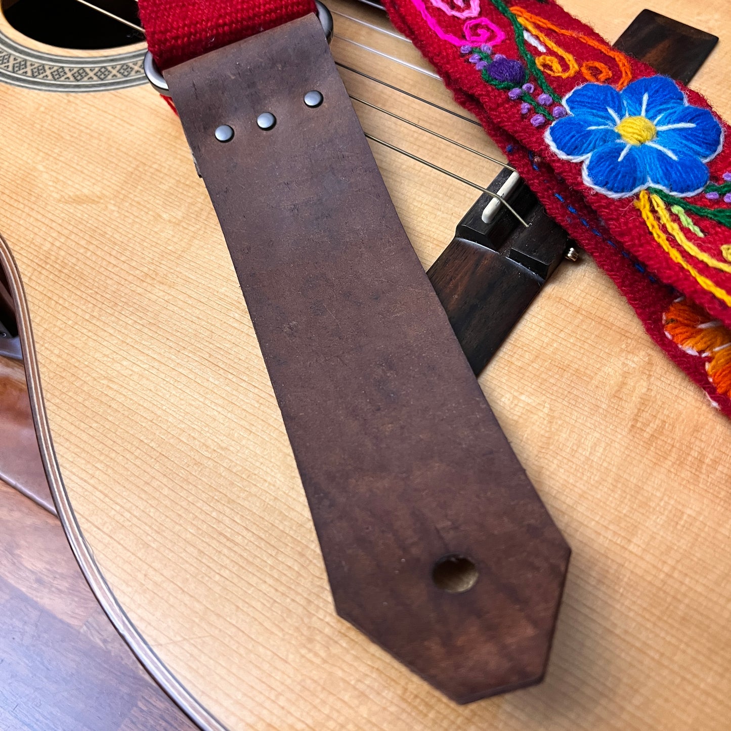 Handmade Peruvian Guitar Strap – Hand Embroidered, Adjustable, Brown Leather Ends, Unique Gift for Guitar Players