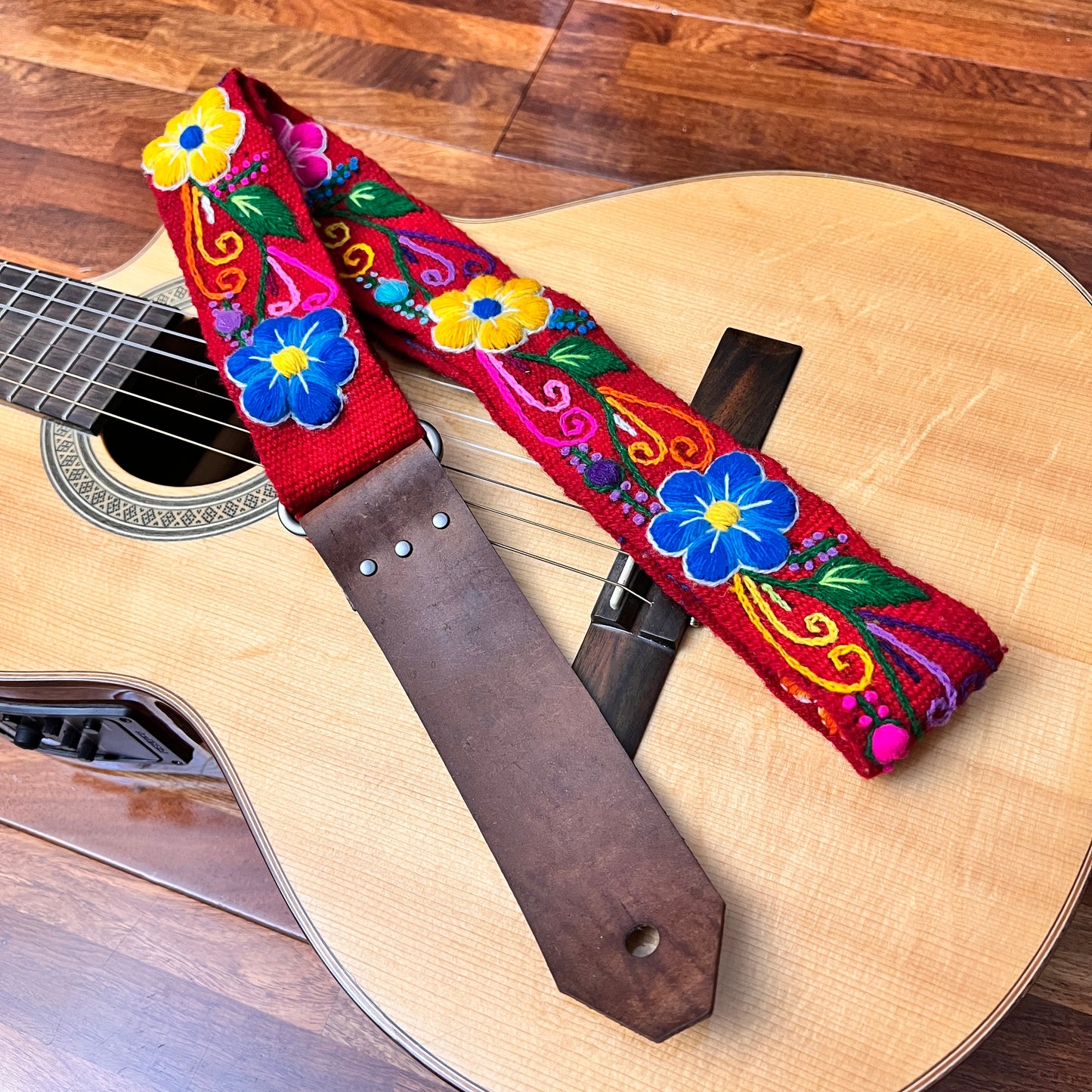 Handmade Peruvian Guitar Strap – Hand Embroidered, Adjustable, Brown Leather Ends, Unique Gift for Guitar Players