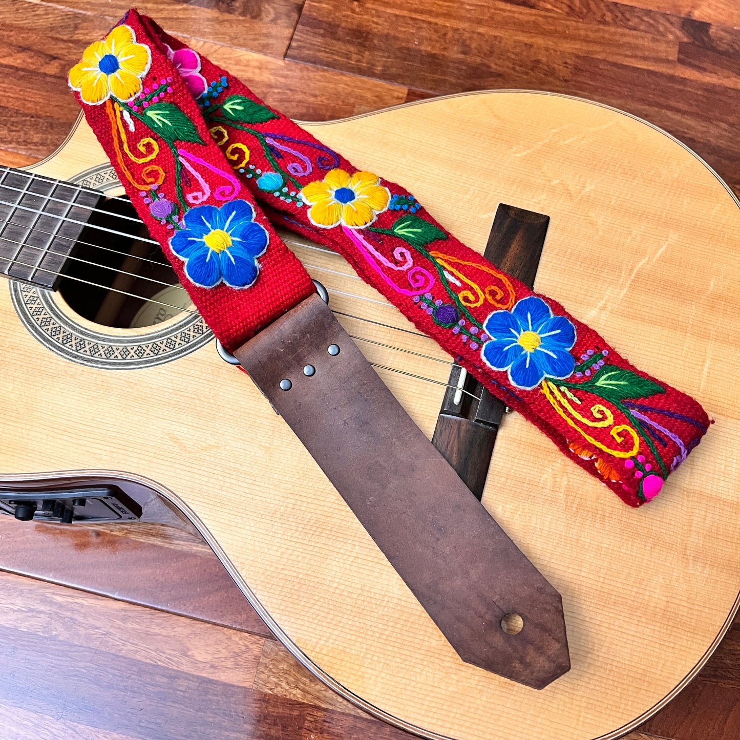 Handmade Peruvian Guitar Strap – Hand Embroidered, Adjustable, Brown Leather Ends, Unique Gift for Guitar Players