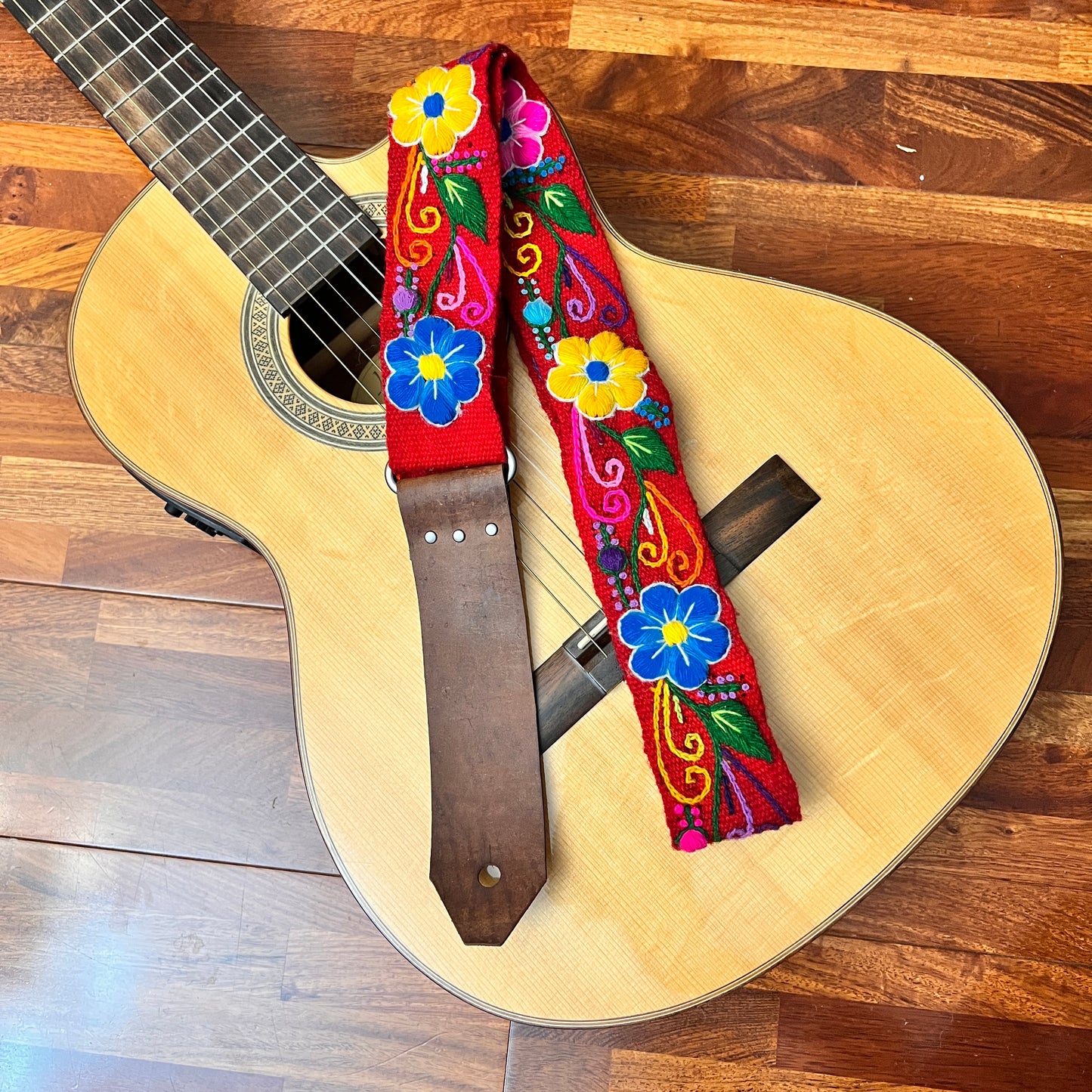 Handmade Peruvian Guitar Strap – Hand Embroidered, Adjustable, Brown Leather Ends, Unique Gift for Guitar Players