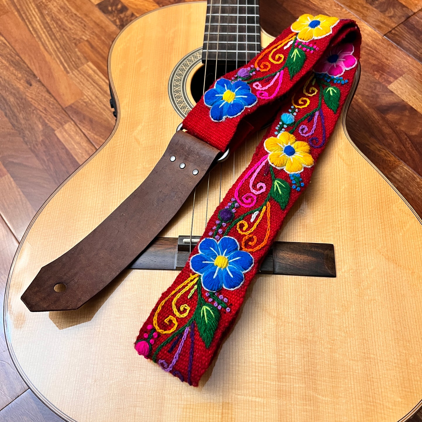 Handmade Peruvian Guitar Strap – Hand Embroidered, Adjustable, Brown Leather Ends, Unique Gift for Guitar Players