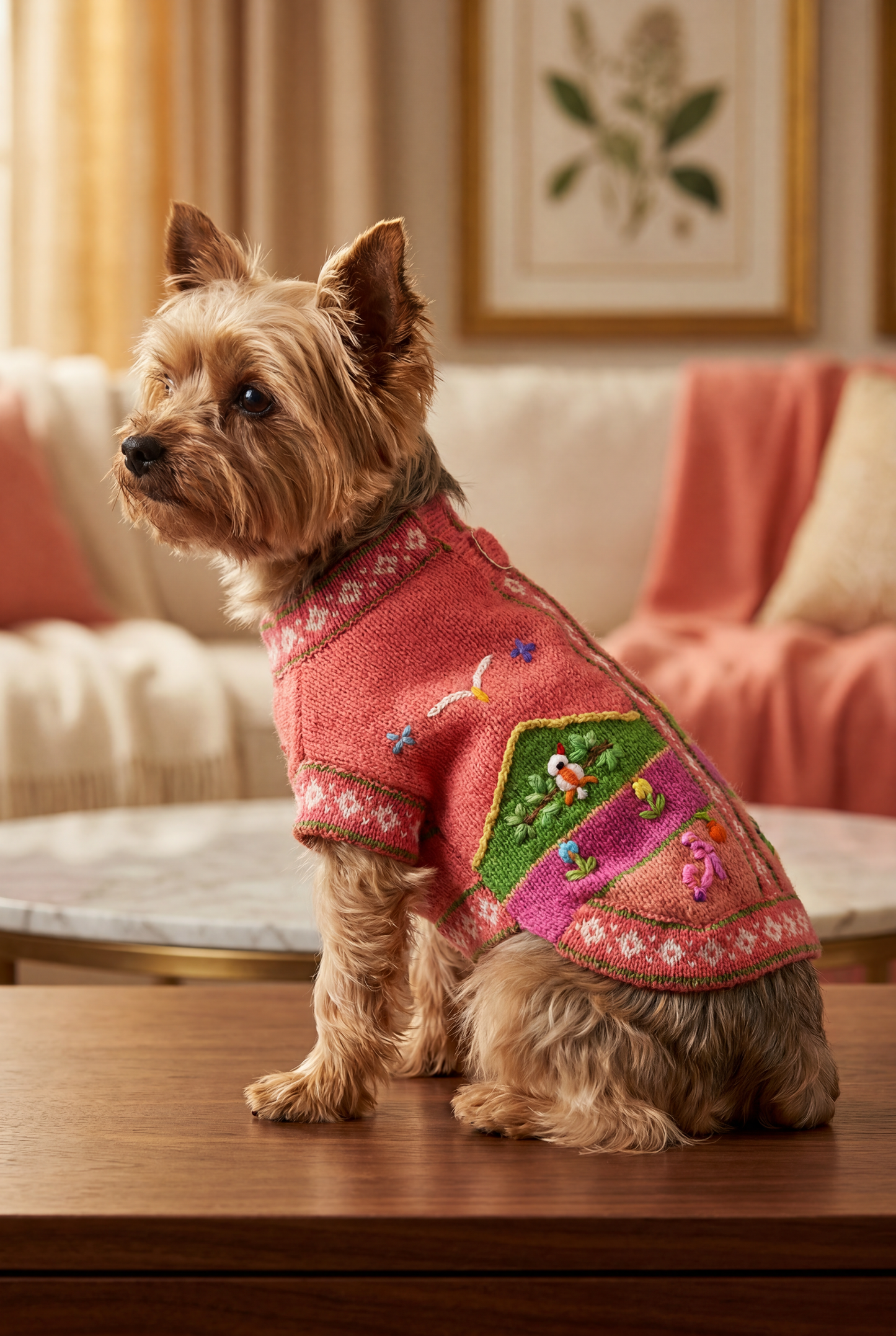 Luxury Coral Pink Handmade Dog Sweater | Artisan Peruvian Dog Clothes for Yorkies, Small & Medium Dogs (sizes XX0-14)
