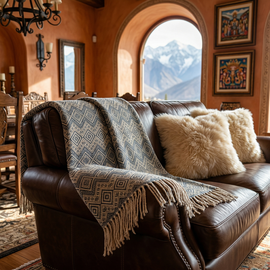 Beige and Steel Blue Alpaca Throw Blanket