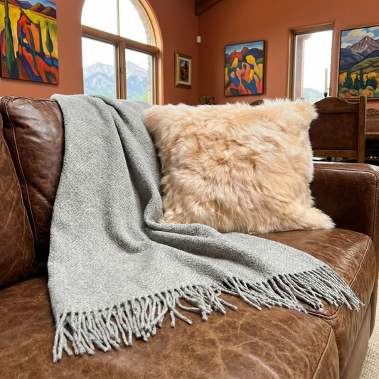 Silver Alpaca Throw Blanket. Hand-loomed