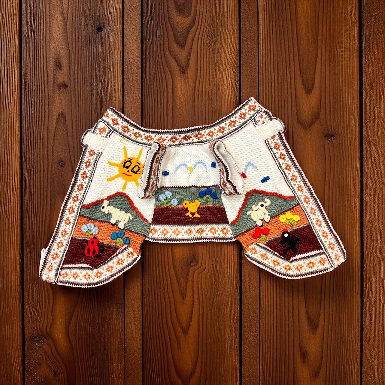 hand embroidered royal bone color dog sweater, handmade in the andes of Peru by Peruvian Accent.