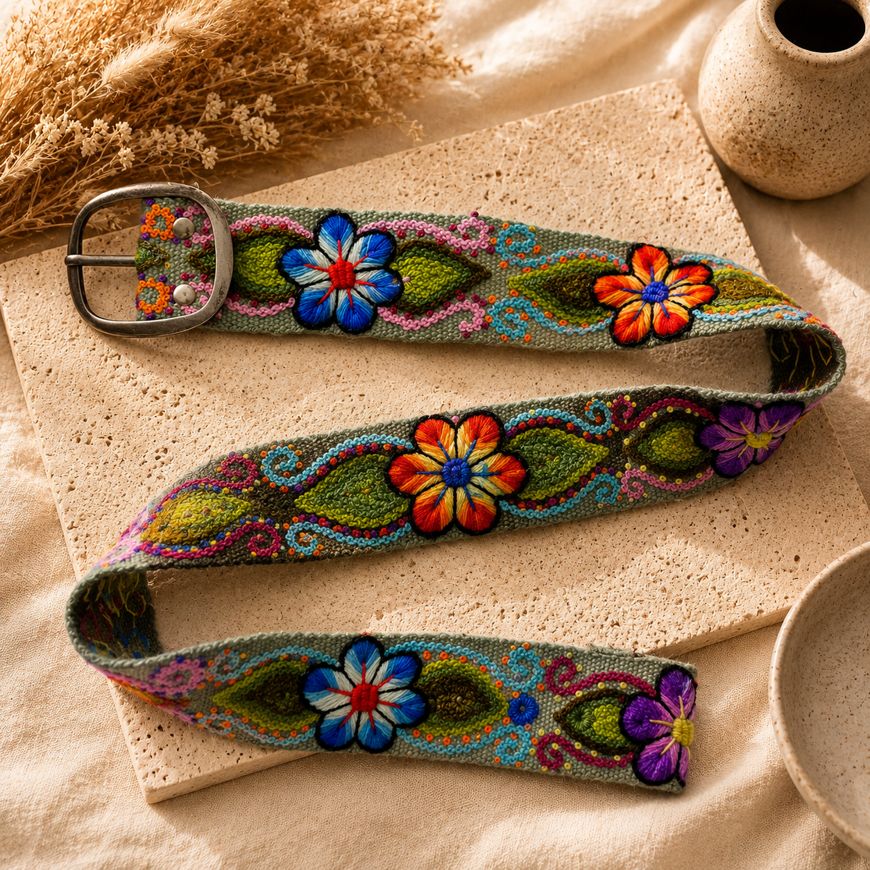 Hand-Embroidered Peruvian Boho Belt – SIZE SMALL