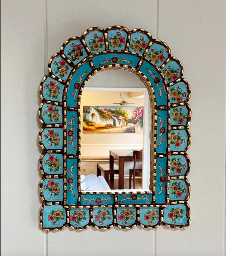 Aqua blue arch mirror with flowers