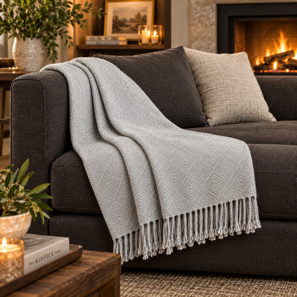 Silver alpaca throw draped over a charcoal sofa by the fire