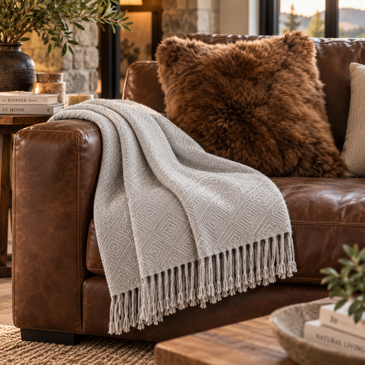 Silver alpaca throw draped over a leather sofa with a brown fur pillow
