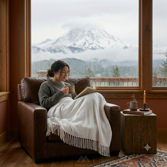 Lady with dark hair sitting in front of a window with Mt Rainier in the background, covered with a royal bone color baby alpaca blanket. She is sipping her coffee and reading a book. This blanket is made by Peruvian Accent.