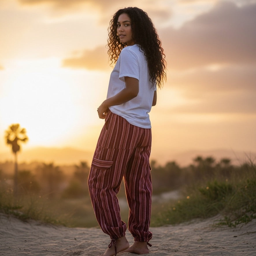 Peruvian Accent Pima cotton, red boho pants on a girl at the beach 